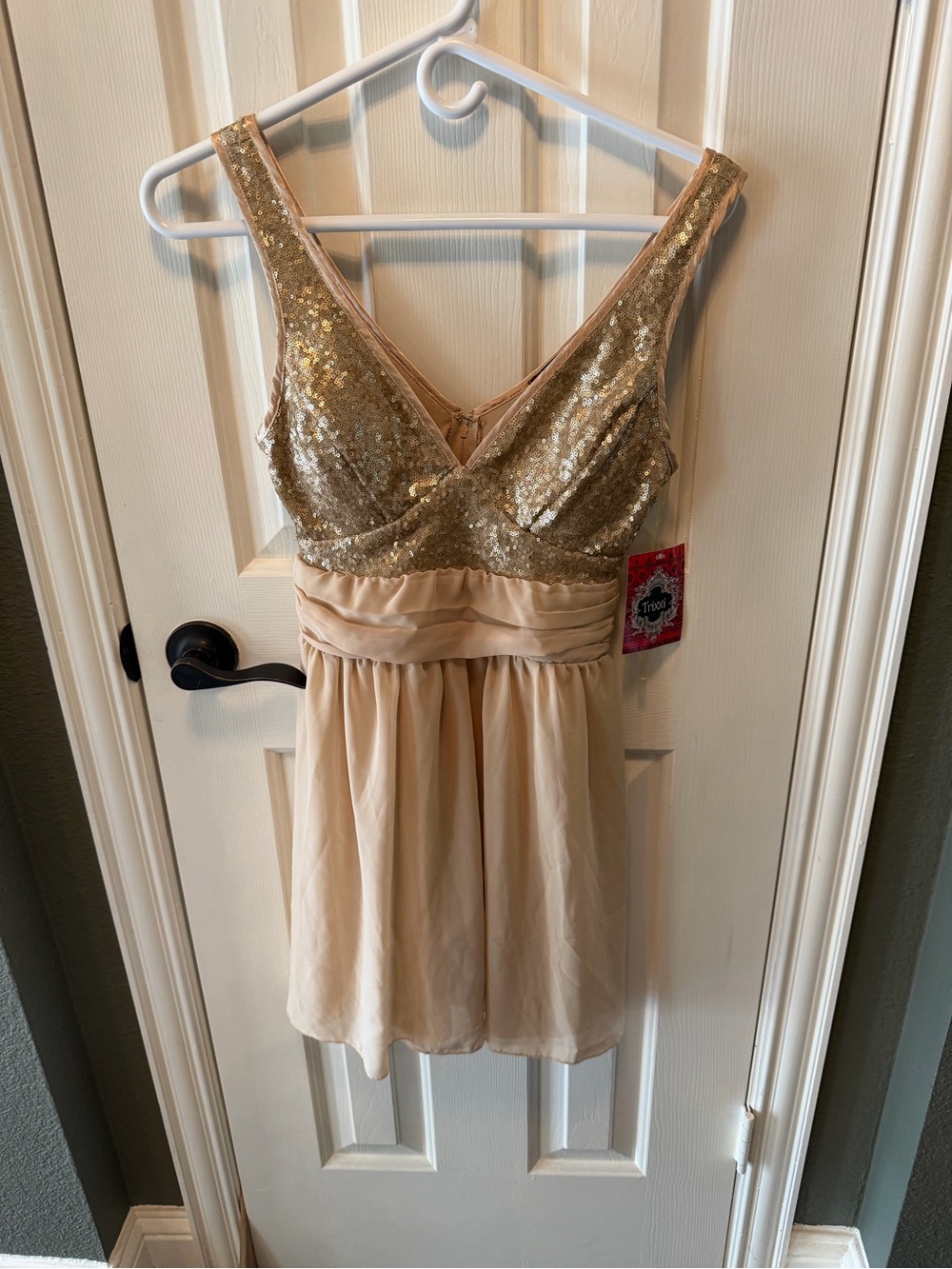Trixxi Gold Sequin Bodice Champagne Mini Dress perfect for Homecoming. Fast ship